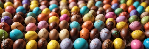 Colorful Easter eggs filled with chocolate truffles , festive desserts, colorful candies, candy filling photo