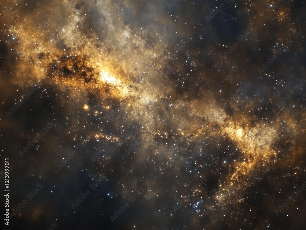 Naklejka premium Glowing Golden Galaxy with Nebula and Stars in Deep Space.