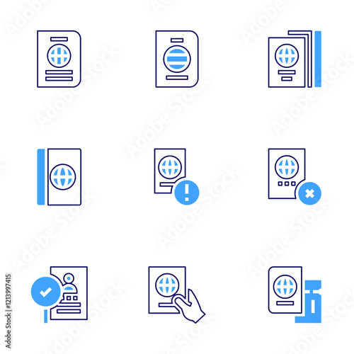 Passport icon set. Bold line style. Duotone colors. Editable stroke. passport, check, deportation