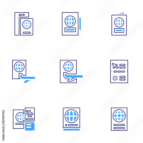 Passport icon set. Bold line style. Duotone colors. Editable stroke. travel, passport, visa, plane ticket