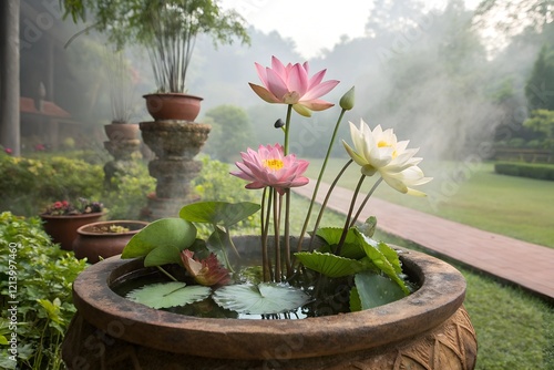 A serene and artistic bouquet of lotus flowers thoughtfully arranged in a traditional clay pot, blending elegance with culture.