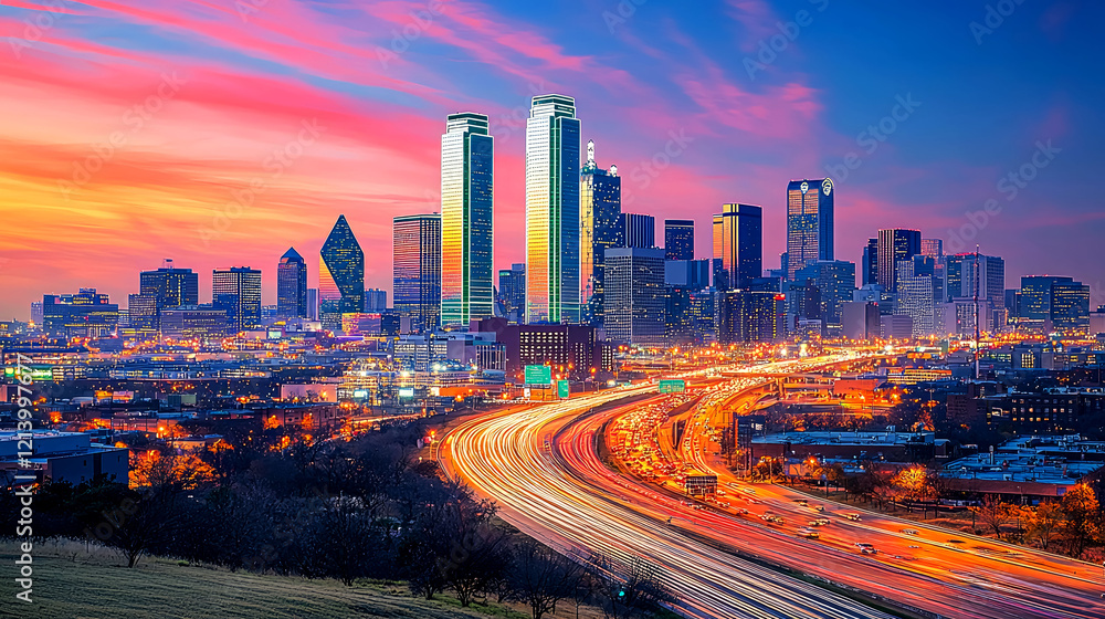 Fototapeta premium Dallas Skyline at Dusk: A Breathtaking Urban Panorama