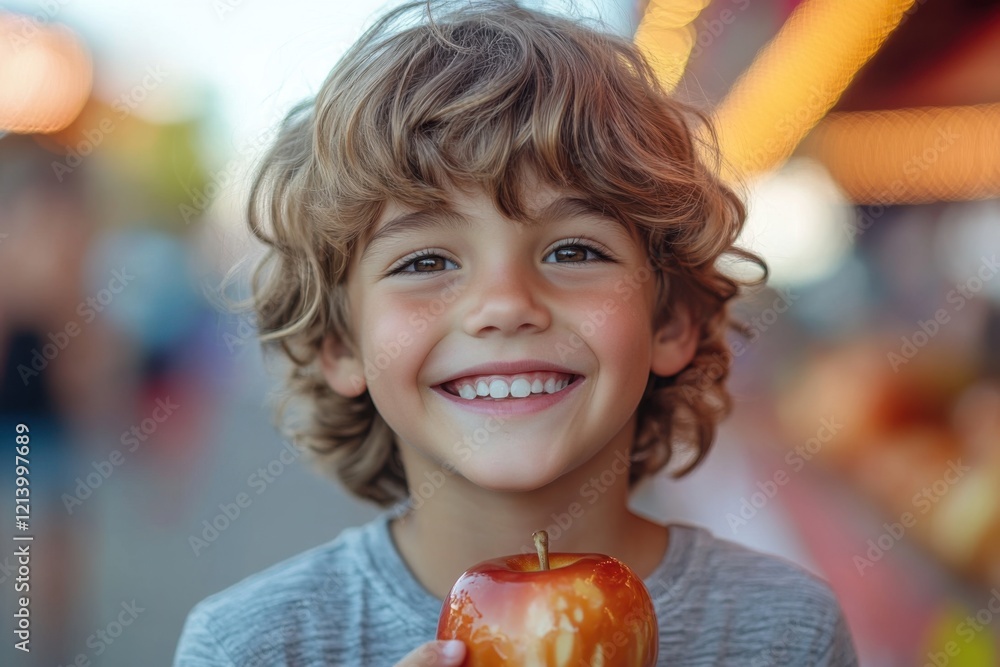 At an outdoor fair or festival, an excited little boy is smiling while holding a caramel apple. Generative Ai At an outdoor fair or festival, an excited little boy is smiling while holding a caramel apple. Generative Ai