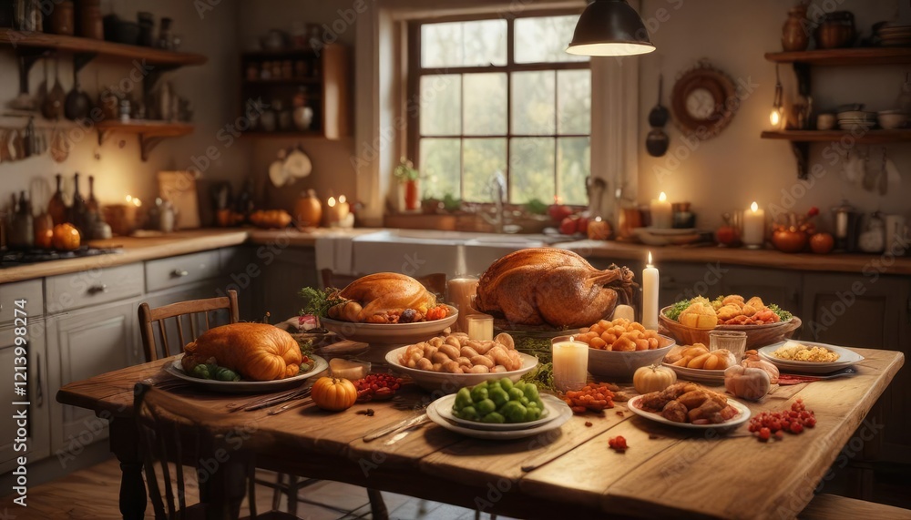 Cozy kitchen with warm lighting and a large wooden table filled with traditional Thanksgiving dishes, seasonal tableware, warm lighting Cozy kitchen with warm lighting and a large wooden table filled with traditional Thanksgiving dishes, seasonal tableware, warm lighting