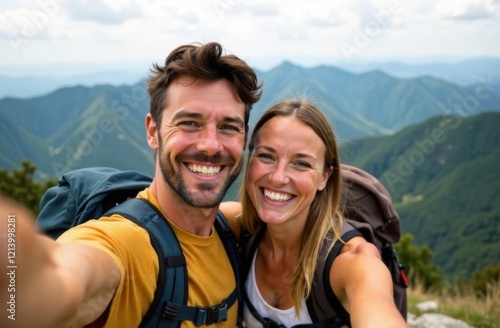 Cheerful couple of hikers taking selfie on top of the mountain - Millennial guy and girl enjoying summertime day out laughing at camera together - Millenial travelers standing on nature background