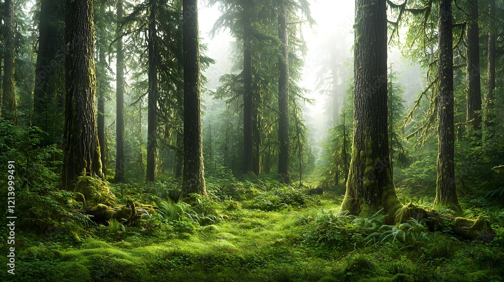 Naklejka premium Enchanting Misty Forest Landscape with Serene Moss Covered Pathway Winding Through Lush Verdant Wilderness Tranquil Peaceful Atmosphere Invites and Reconnection with Nature