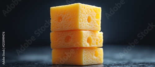 Stacked cheese cubes, dark background, food photography photo