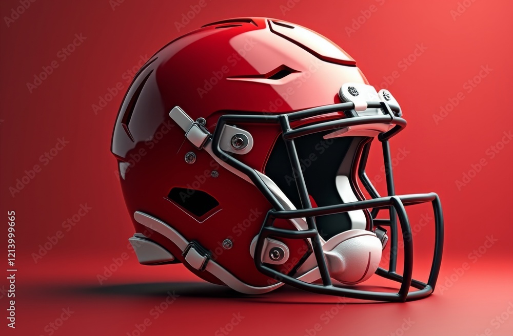 Naklejka premium Glossy red American football helmet with black facemask, futuristic sports equipment design on red background