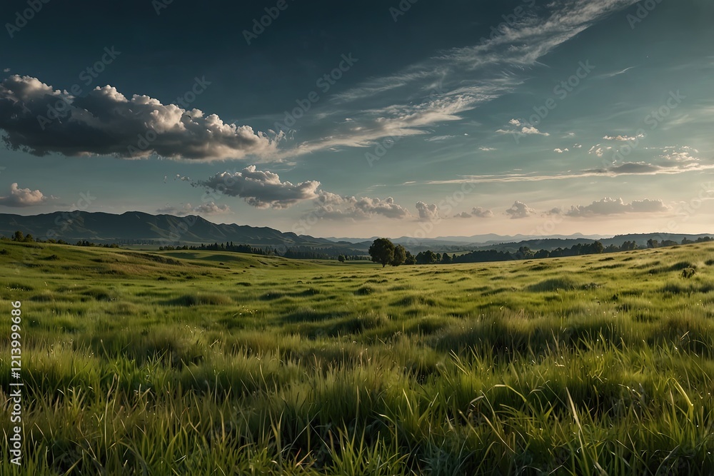 Fototapeta premium Meadow full of green grass panorama view landscape