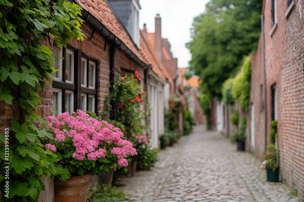 Fototapeta premium Charming cobblestone street with blooming flowers and historical brick houses in a quaint European village