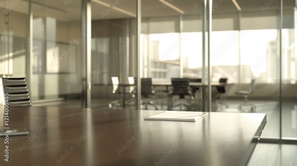 Empty modern office conference table with notepad, ready for meeting. Empty modern office conference table with notepad, ready for meeting.