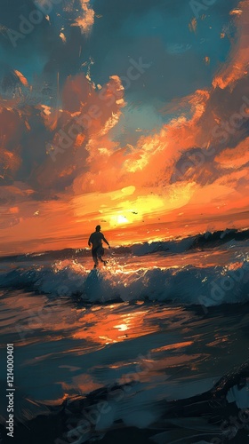 Silhouette of a surfer playing in the waves during a stunning sunset over a tranquil ocean. Generative AI