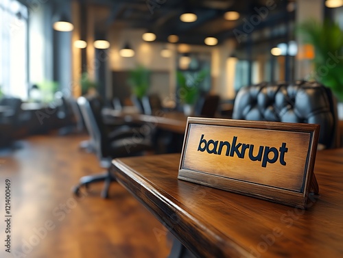 Bankrupt sign on a wooden desk in an office. photo