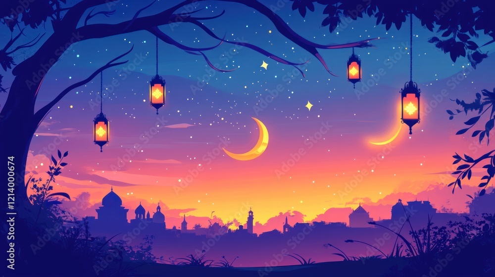 Night Sky Cityscape with Hanging Lanterns and Crescent Moons Night Sky Cityscape with Hanging Lanterns and Crescent Moons