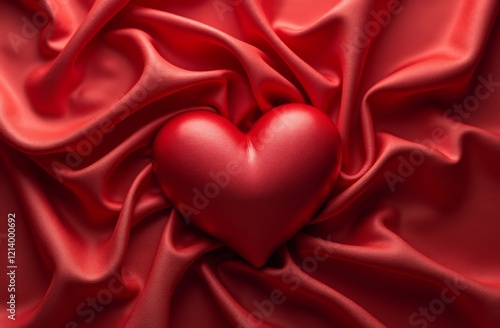 Shiny red satin heart resting on smooth red silk fabric, symbolizing love and romance