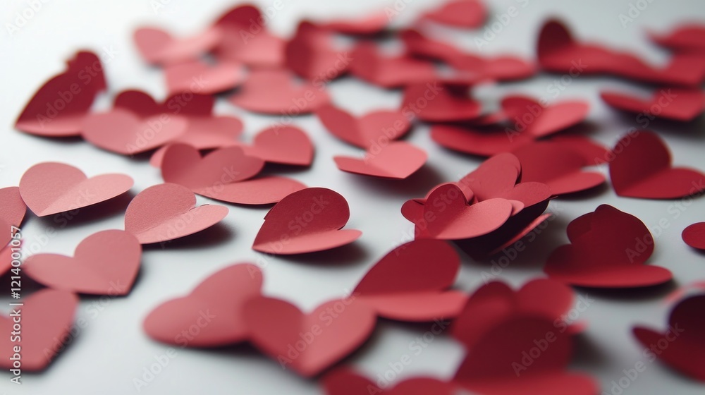 Scattered red paper hearts on white background, Valentine's Day, romantic, love Scattered red paper hearts on white background, Valentine's Day, romantic, love