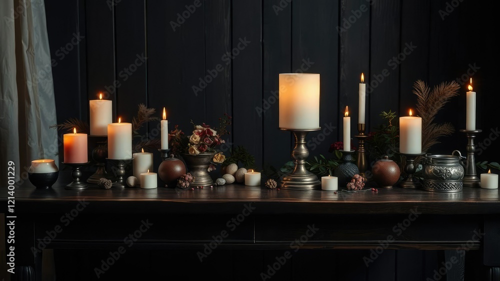 Dark wooden table with a single pillar lamp on it surrounded by still life arrangement of candles and various objects, moody atmosphere, candle light, still life Dark wooden table with a single pillar lamp on it surrounded by still life arrangement of candles and various objects, moody atmosphere, candle light, still life