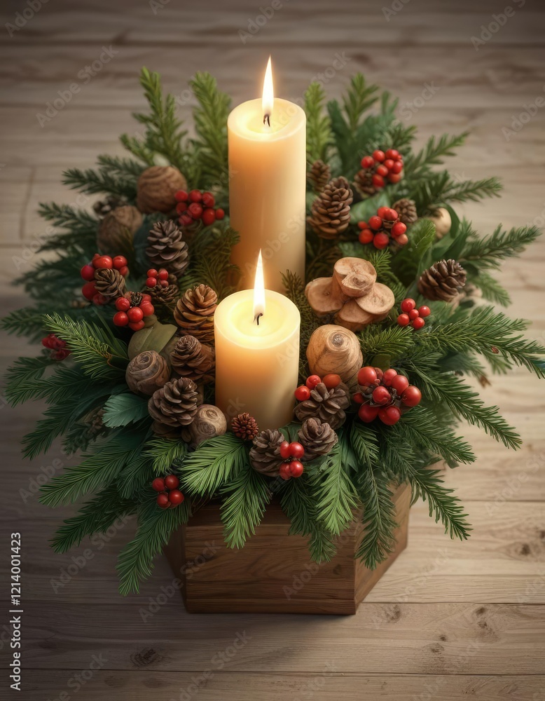 Decorative pine and cedar centerpiece with candles and holly leaves, holiday centerpieces, Decorative pine and cedar centerpiece with candles and holly leaves, holiday centerpieces,