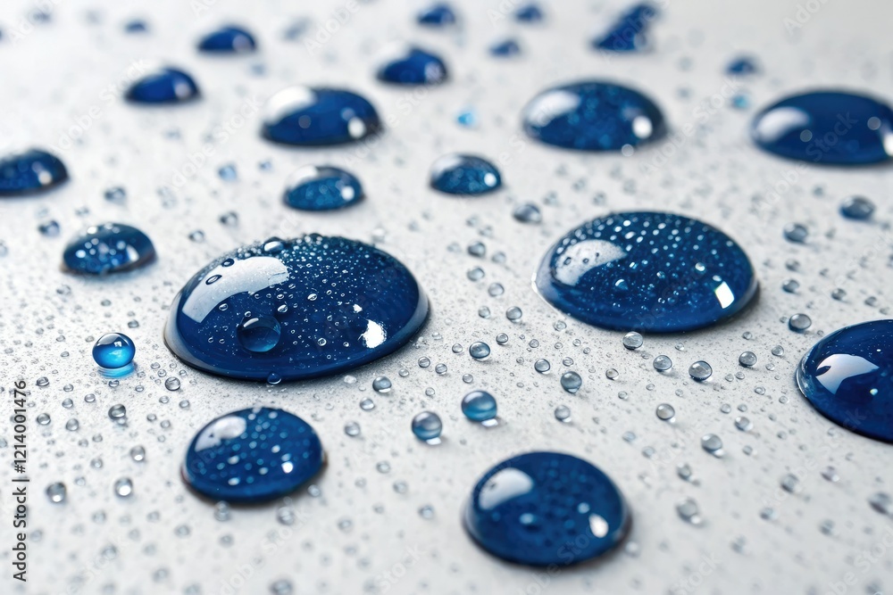 Deep blue water droplets on a white surface, soothing, peaceful Deep blue water droplets on a white surface, soothing, peaceful