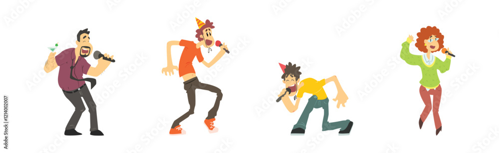 People Character Dancing and Singing in Karaoke Club Vector Set People Character Dancing and Singing in Karaoke Club Vector Set