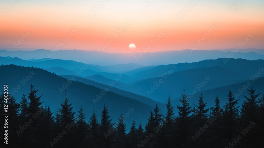 Serene Sunset Over Blue Mountain Ranges Serene Sunset Over Blue Mountain Ranges