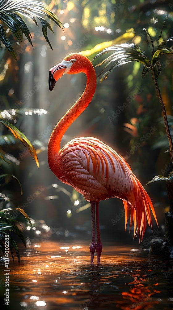 Fototapeta premium Captivating Flamingo in Lush Wetland Landscape with Painterly Impressionist Style