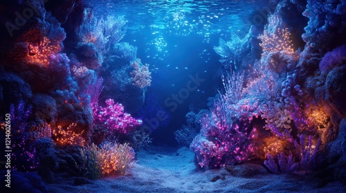 Underwater Coral Reef Scene with Bioluminescent Organisms and Blue Water.