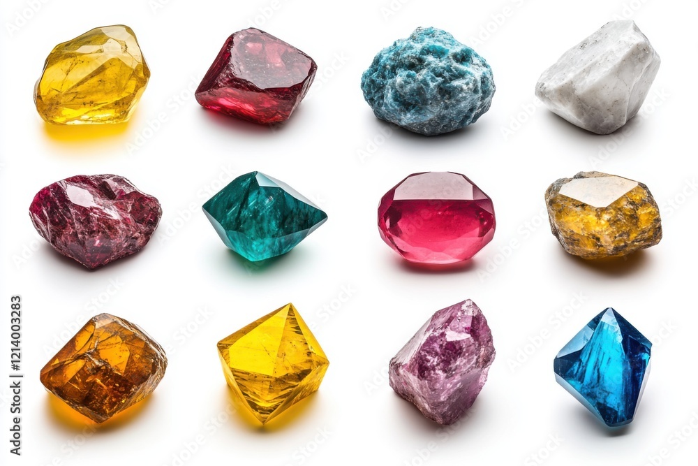 Naklejka premium Set of gem stones made of spinel. vibrant gem stones that come in a variety of hues, including turquoise, blue, red, white, and yellow. On a white backdrop, isolated. Generative Ai