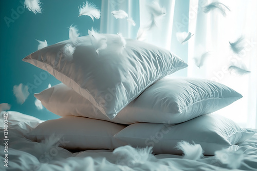 Pillows and feathers flying after a playful pillow fight celebration photo