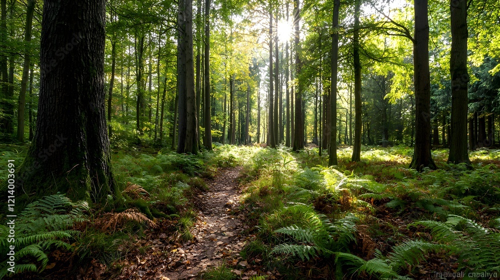 Fototapeta premium Enchanting forest path winding through lush green foliage with sunlight streaming through the towering trees and creating a peaceful serene atmosphere