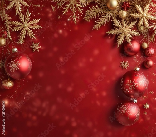 Festive red and gold background with snowflakes and Christmas ornaments, gold, Christmas, festive