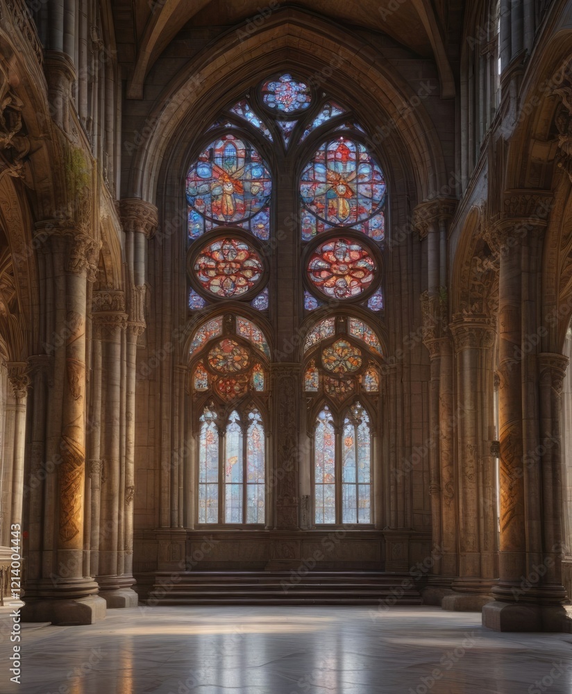 Fototapeta premium Elegant cathedral with large windows and intricate stone carvings, vaulted ceiling, wooden pews, cathedral
