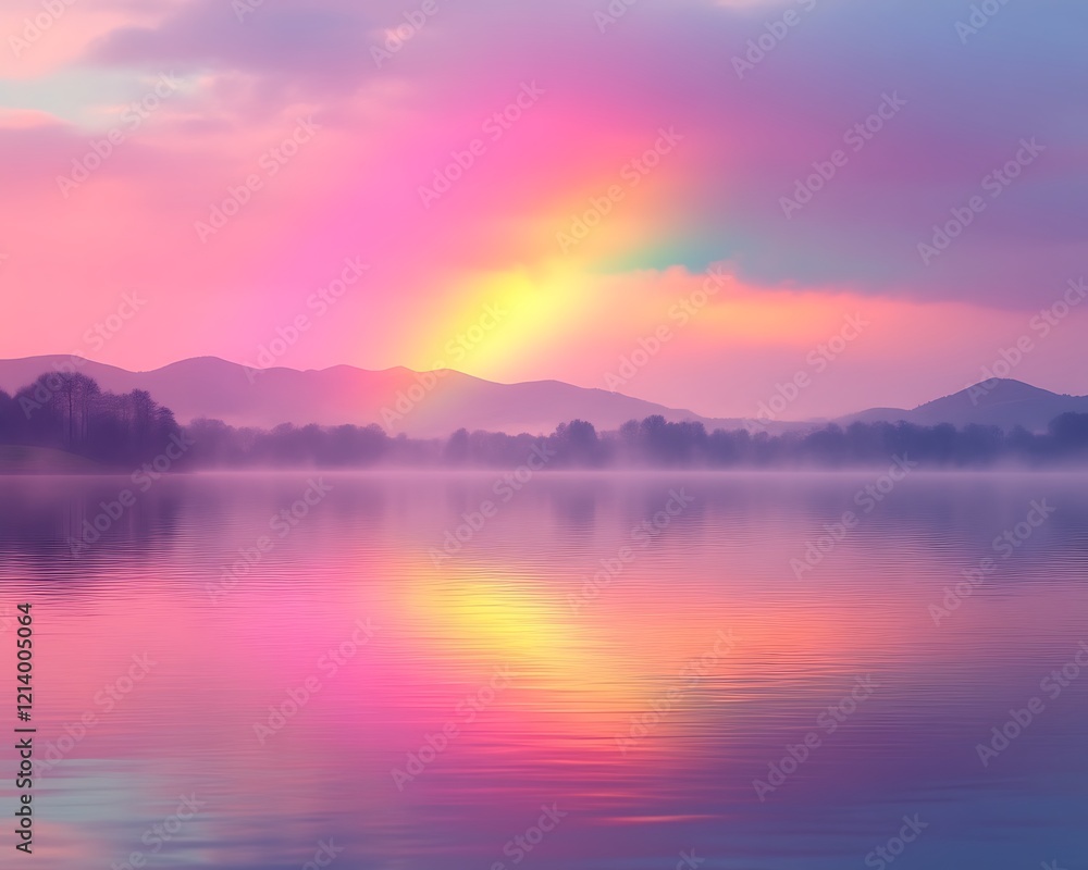 Pastel sunrise rainbow reflected in calm lake. Pastel sunrise rainbow reflected in calm lake.