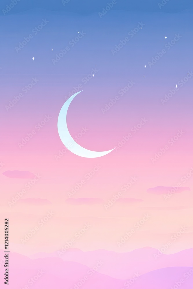 Fototapeta premium Tranquil Crescent Moon and Pastel Sky Illustration with Stars