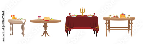 Served Table with Plating and Meal Setting Vector Set