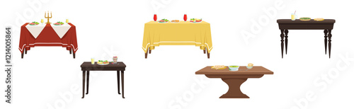 Served Table with Plating and Meal Setting Vector Set