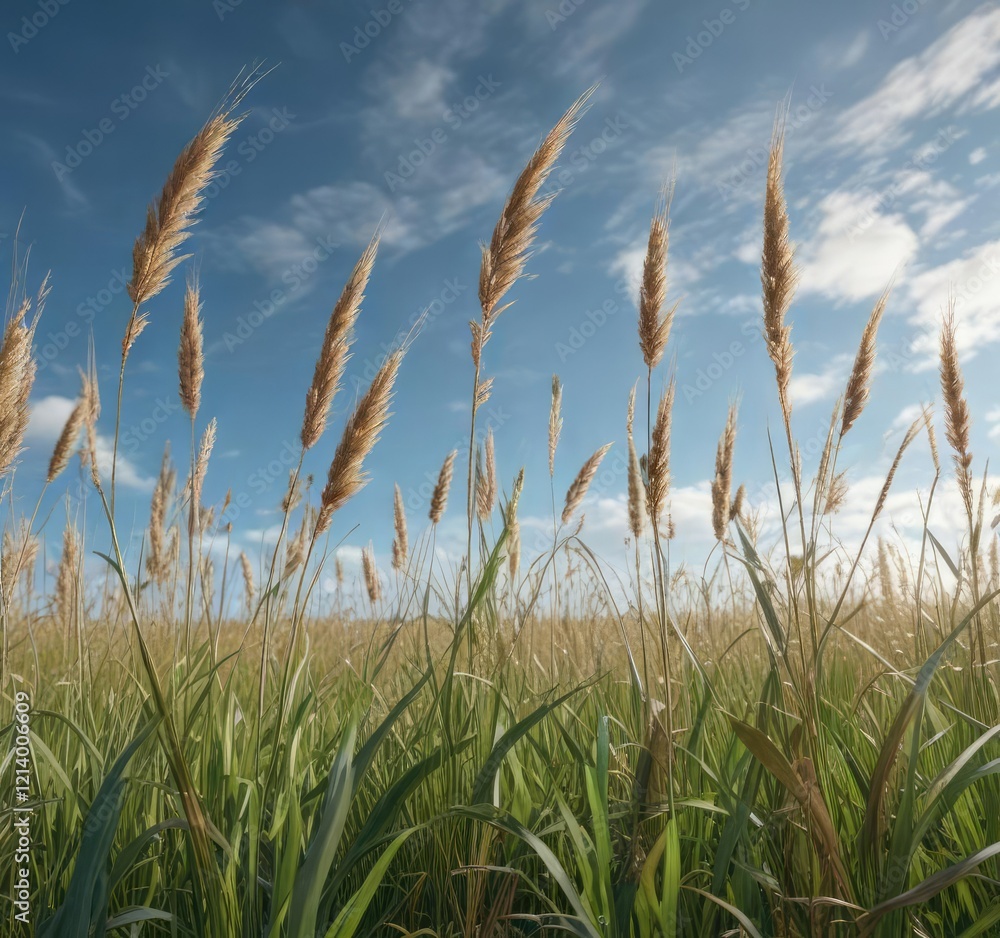 Field of tall grass swaying gently in the breeze with a blue sky above, outdoors, peaceful landscape Field of tall grass swaying gently in the breeze with a blue sky above, outdoors, peaceful landscape