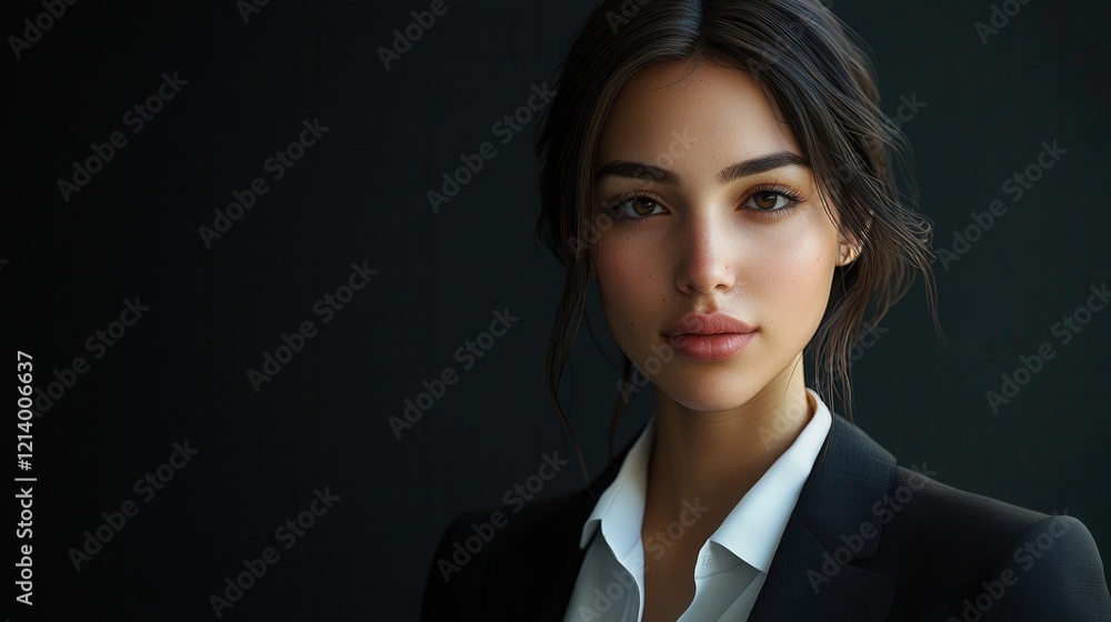 Elegant portrait of a confident young woman in a sophisticated black suit with a contemplative expression. Generative AI Elegant portrait of a confident young woman in a sophisticated black suit with a contemplative expression. Generative AI