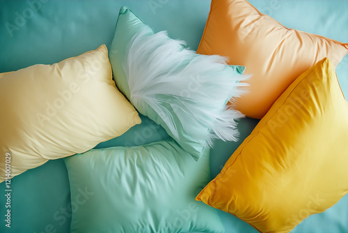 Pillows and feathers flying after a playful pillow fight celebration photo