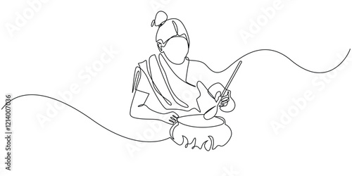 continuous line drawing of indian woman cooking.one line drawing of woman in traditional indian clothes cooking.single line vector illustration.isolated white background