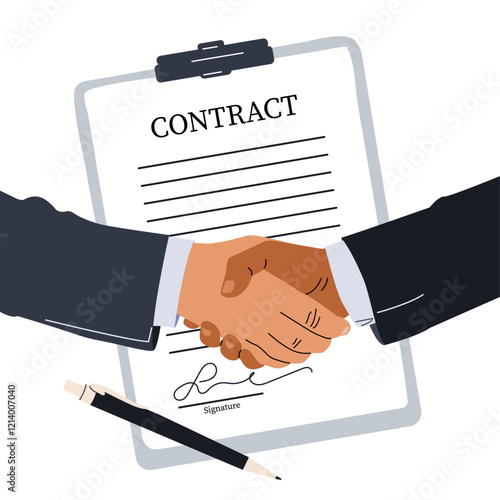 People Shaking Hands firmly after Signing Documents. Handshake of Two Businessmen. Agreement of Parties. Successful Partnership, Cooperation, Investment. Vector illustration.
