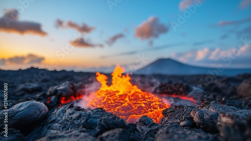 Volcanic Sunset Fire Lava flow at sunset with a distant volcano.  Ideal for travel, nature, and adventure themes photo