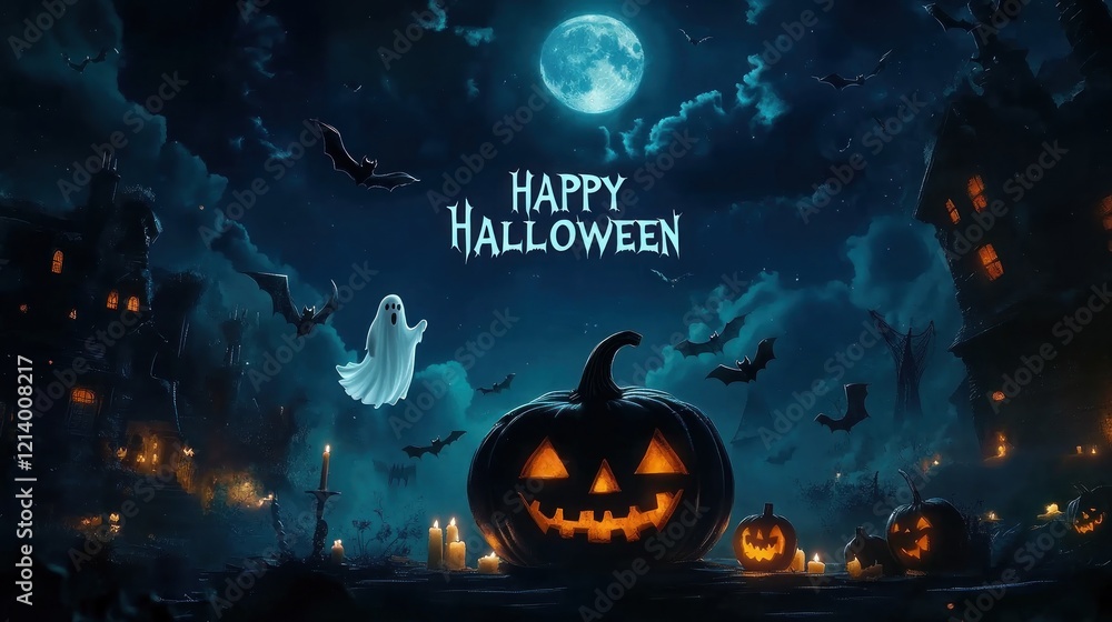 Halloween night scene ghost, pumpkins, haunted houses, moon Halloween night scene ghost, pumpkins, haunted houses, moon