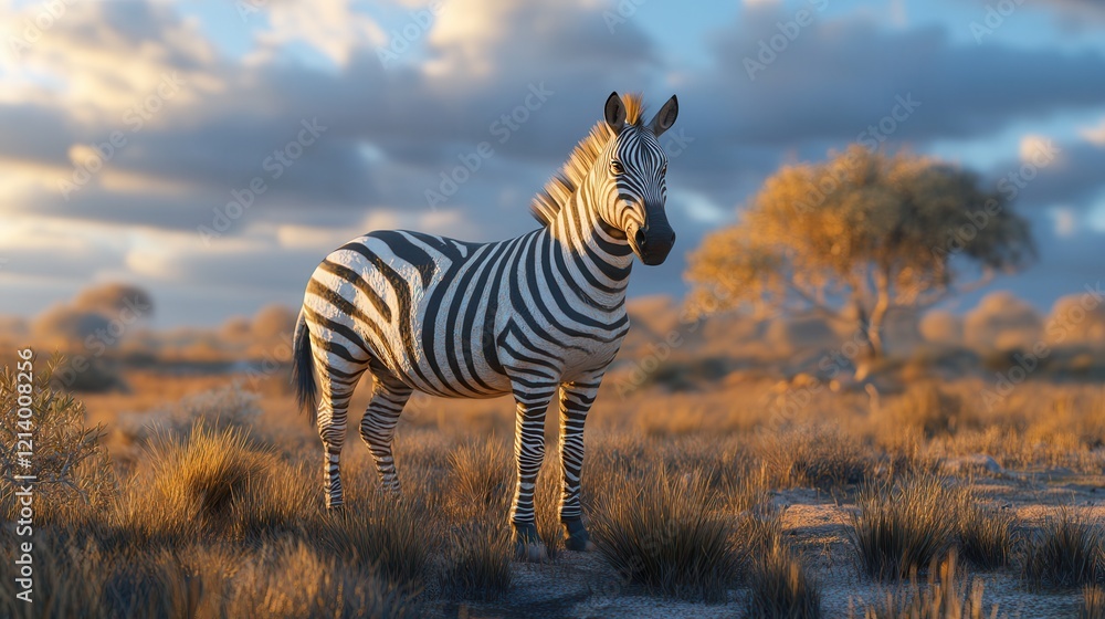 Naklejka premium Majestic zebra stands proudly in the golden savanna under a vibrant sky at dusk. Generative AI