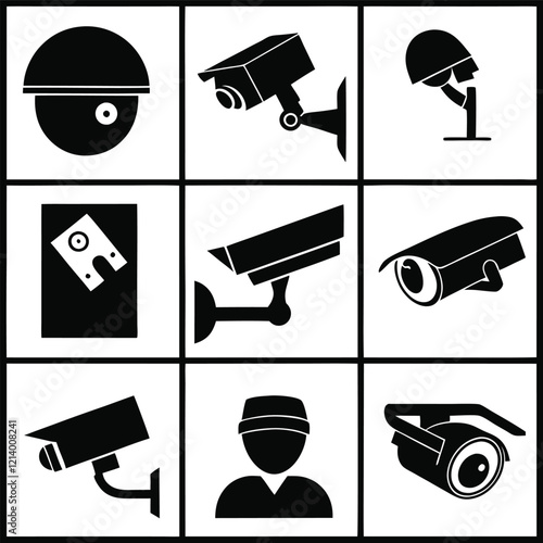 A set of black and white security camera icons, showcasing various types of surveillance equipment.