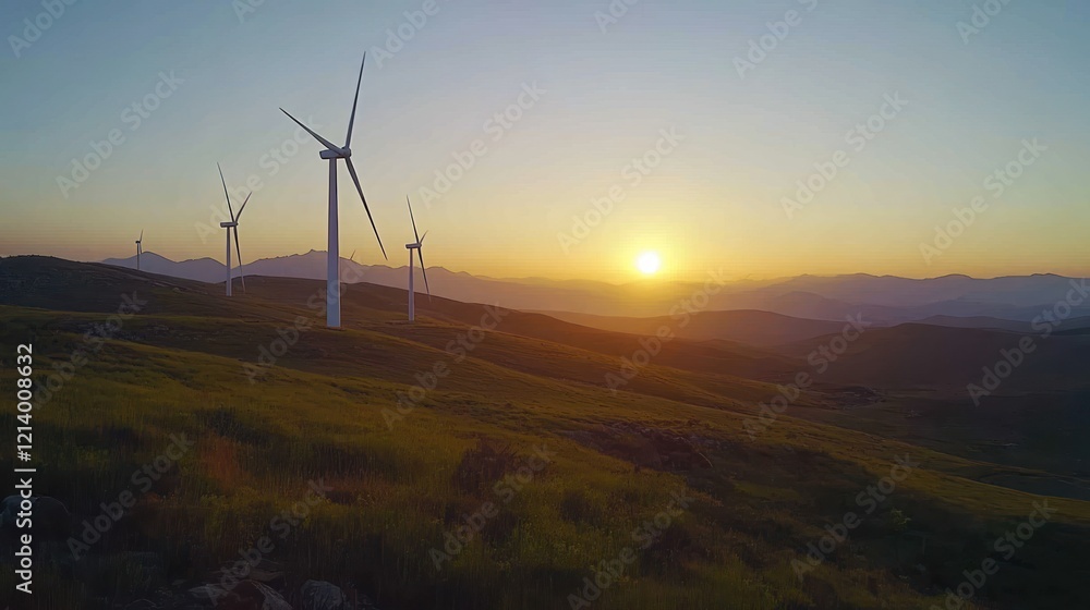 Obraz premium Sunset wind turbines on grassy hilltop