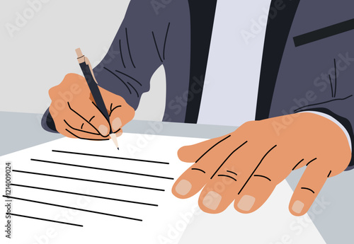 A man in a business suit signs a document. Successful conclusion of a contract, notarization of a document, conclusion of an agreement. A man writes a letter. Vector flat illustration