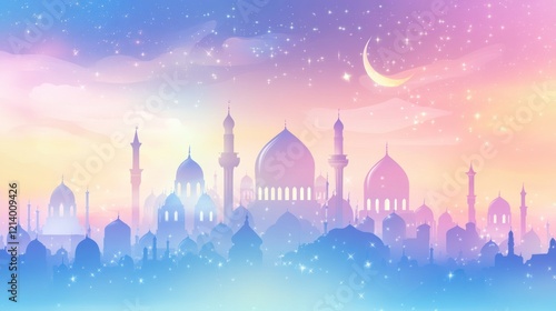 Pastel Cityscape Silhouette Underneath a Starry Crescent Moon