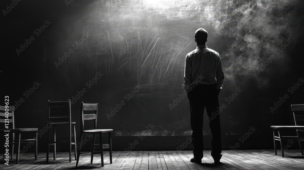Contemplative Man Stands Before a Blank Blackboard in an Empty Room, Black and White. Contemplative Man Stands Before a Blank Blackboard in an Empty Room, Black and White.