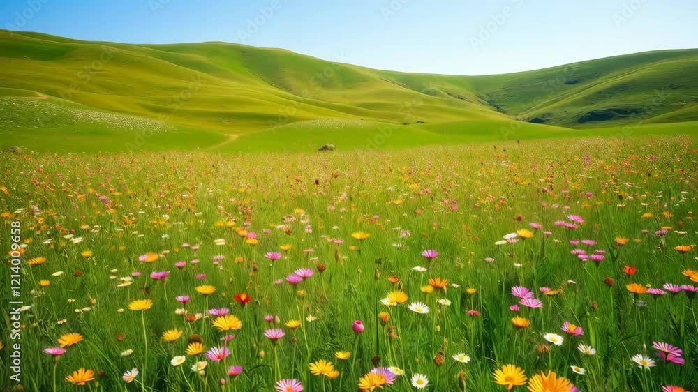 Colorful Wildflower Field in Spring Serene Landscape of Green Hills and Vibrant Flowers in Natures Meadow Colorful Wildflower Field in Spring Serene Landscape of Green Hills and Vibrant Flowers in Natures Meadow
